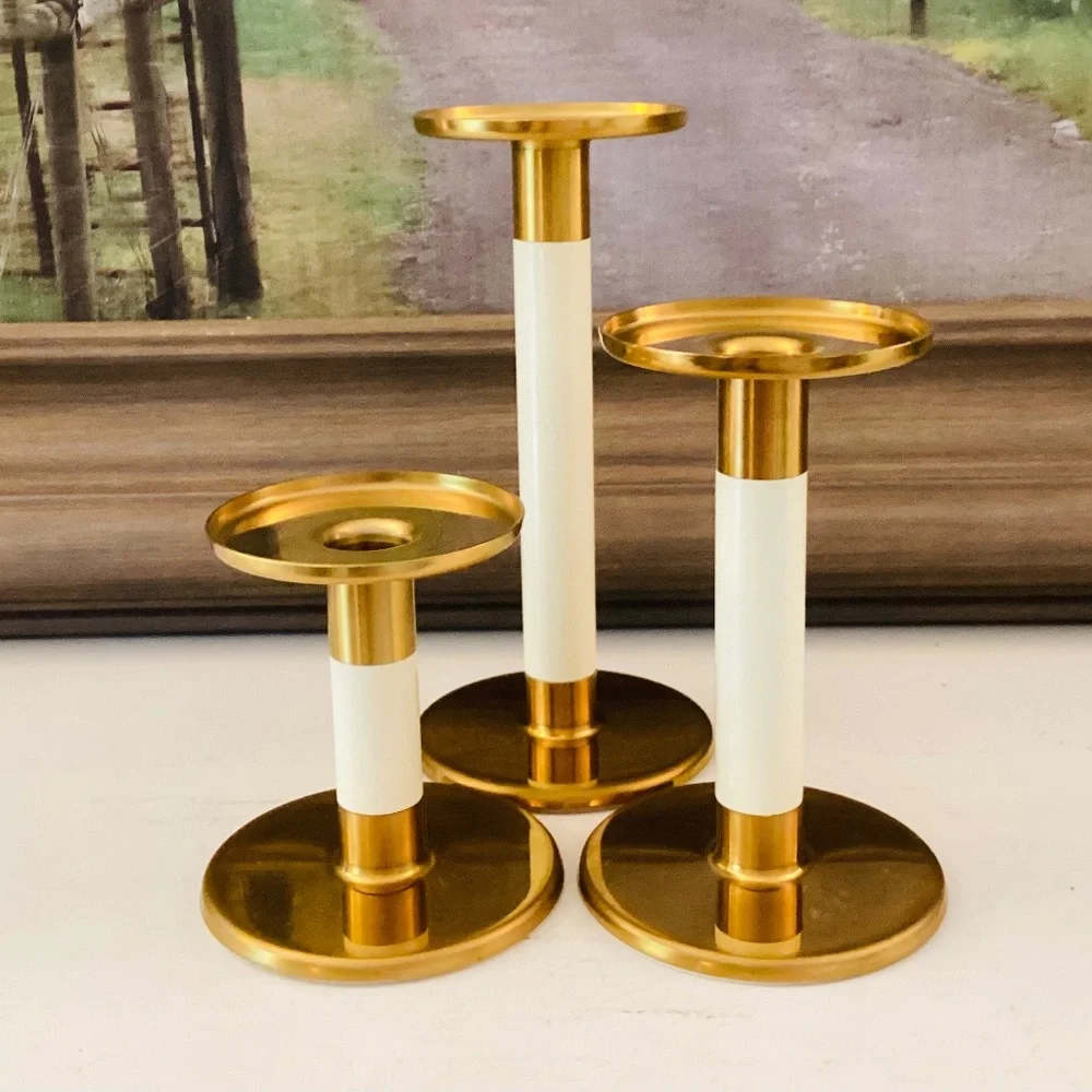 set of 3 IKEA Glittrig candlesticks gold and ivory Discontinued Tapered Pillar